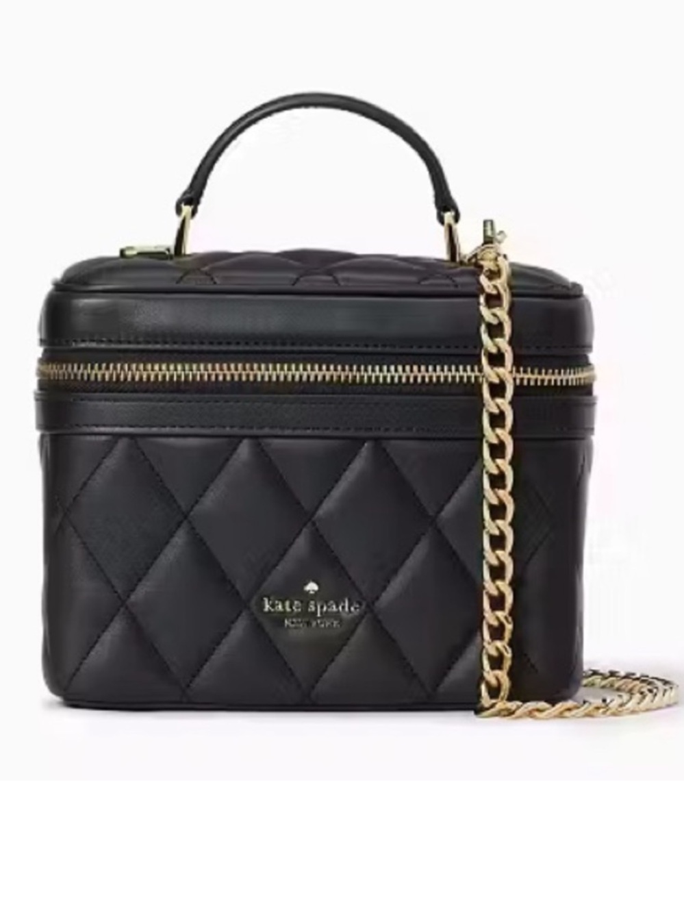 kate spade Black Quilted Carey Leather trunk Vanity Crossbody with Gold Chain